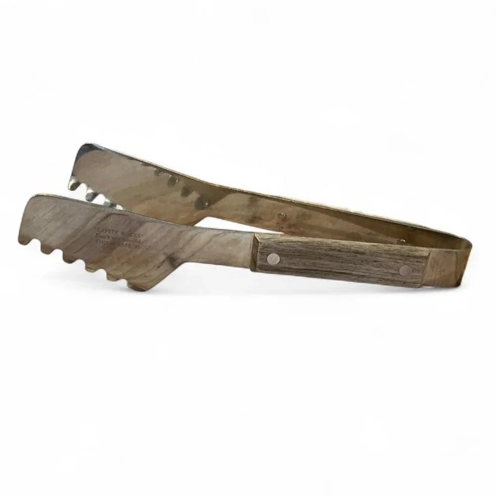 Heavy duty tongs with a stainless steel body and a wooden handle‎  made in Japan